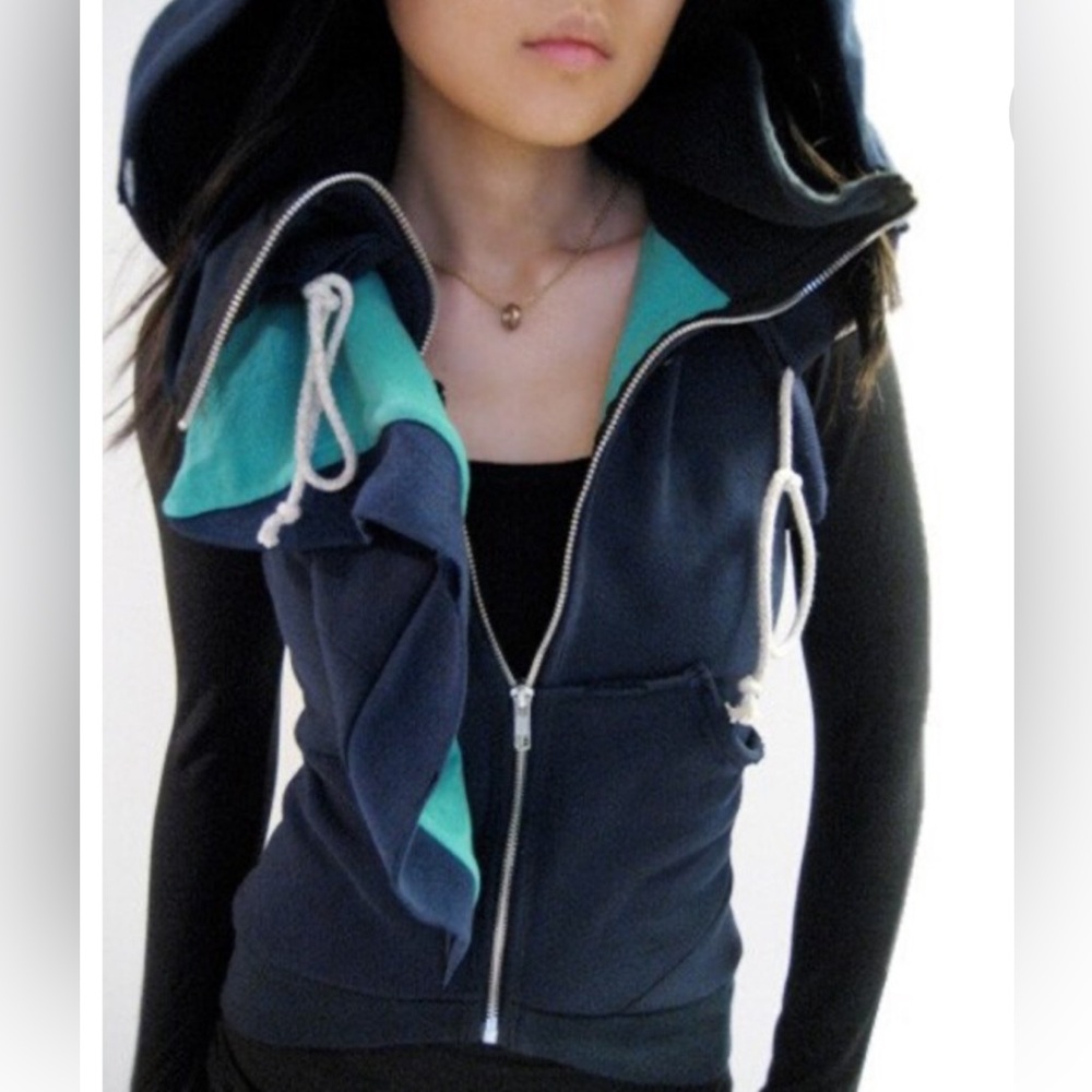 Joodito etsy OOAK Handmade Distressed Deconstructed Upcycled Blue HOODIE Vest XS